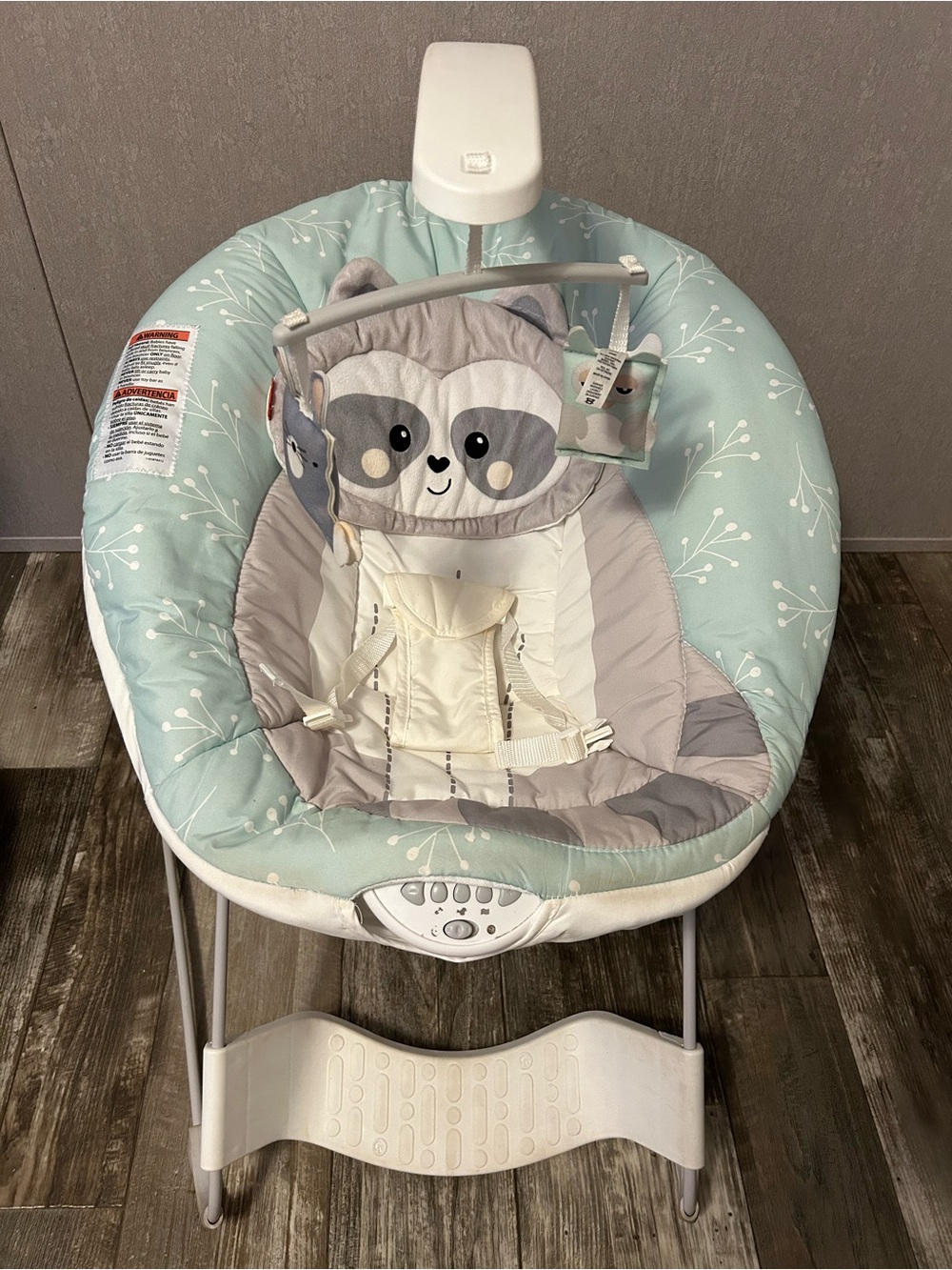 Mint Green and Gray Baby Bouncer with Cute Animal Design w/ music & vibration